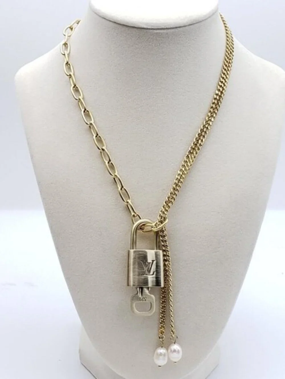 Stainless Steel Gold-Plated Necklace with Authentic Louis Vuitton Padlock